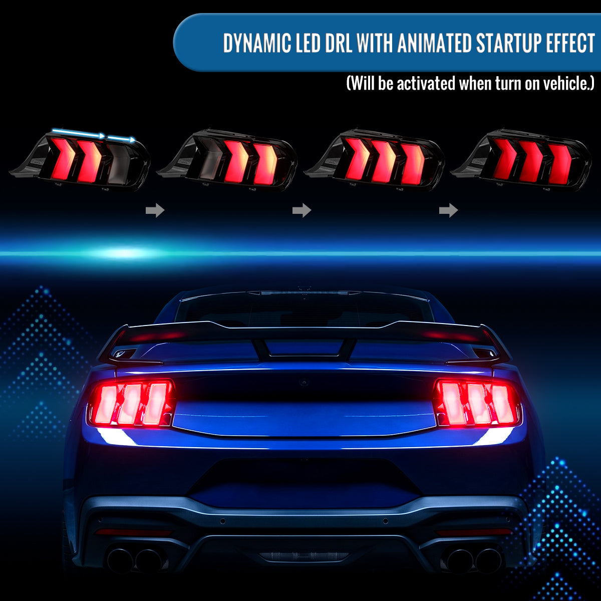 2024-2026 Ford Mustang Full LED Animated Startup + Yellow and Red Switchback Sequential Turn Signals Tail Lights Assembly Pair | Black Smoke