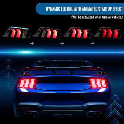 2024-2026 Ford Mustang Full LED Animated Startup + Yellow and Red Switchback Sequential Turn Signals Tail Lights Assembly Pair | Black Smoke