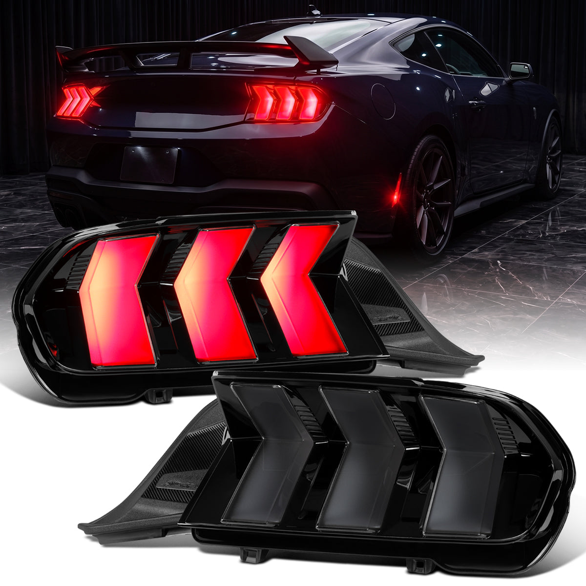 2024-2026 Ford Mustang Full LED Animated Startup + Yellow and Red Switchback Sequential Turn Signals Tail Lights Assembly Pair | Black Smoke