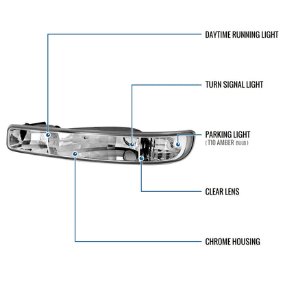 Ronnin - Fits 1999-2007 GMC Sierra Classic Yukon XL Bumper Lights Turn Signal Lamps Replacement Assembly Pair | Chrome