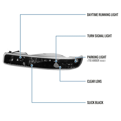 Ronnin - Fits 1999-2007 GMC Sierra Classic Yukon XL Bumper Lights Turn Signal Lamps Replacement Assembly Pair | Glossy Black