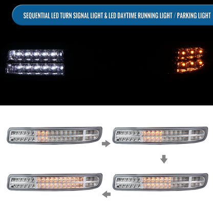Ronnin - Fits 1999-2007 GMC Sierra Classic Yukon XL Upgraded Replacement Full LED Bumper Lights Sequential Turn Signals Assembly Pair | Chrome