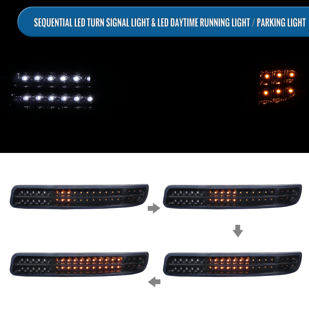 Ronnin - Fits 1999-2007 GMC Sierra Classic Yukon XL Upgraded Replacement Full LED Bumper Lights Sequential Turn Signals Assembly Pair | Black Smoke