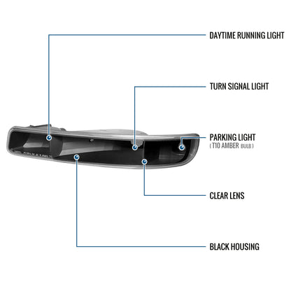 Ronnin - Fits 1999-2007 GMC Sierra Classic Yukon XL Bumper Lights Turn Signal Lamps Replacement Assembly Pair | Black