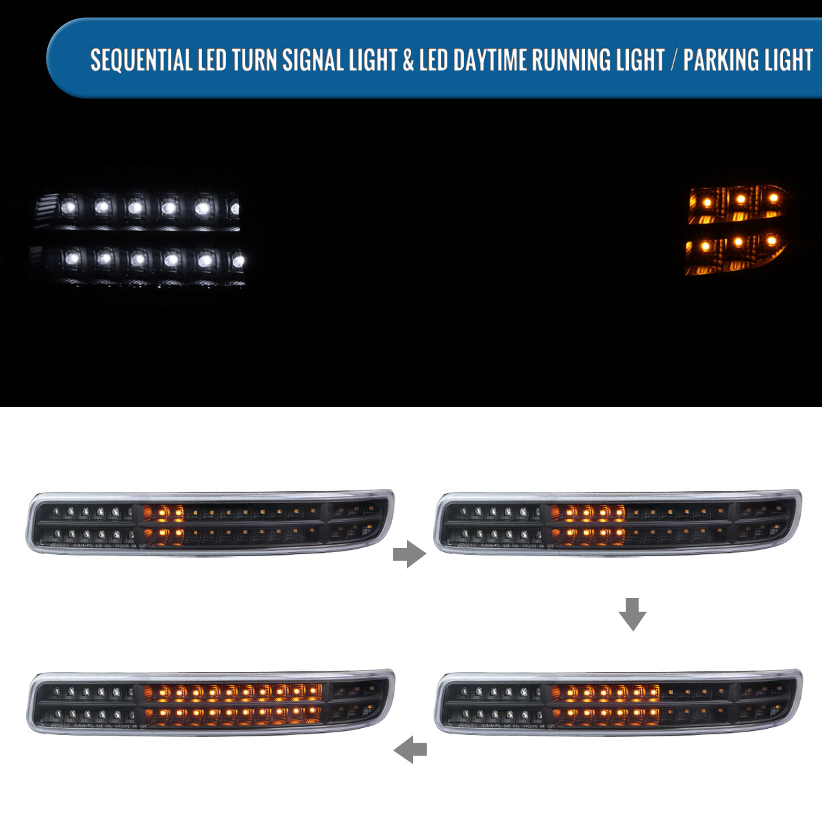 Ronnin - Fits 1999-2007 GMC Sierra Classic Yukon XL Upgraded Replacement Full LED Bumper Lights Sequential Turn Signals Assembly Pair | Black