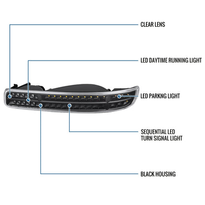 Ronnin - Fits 1999-2007 GMC Sierra Classic Yukon XL Upgraded Replacement Full LED Bumper Lights Sequential Turn Signals Assembly Pair | Black