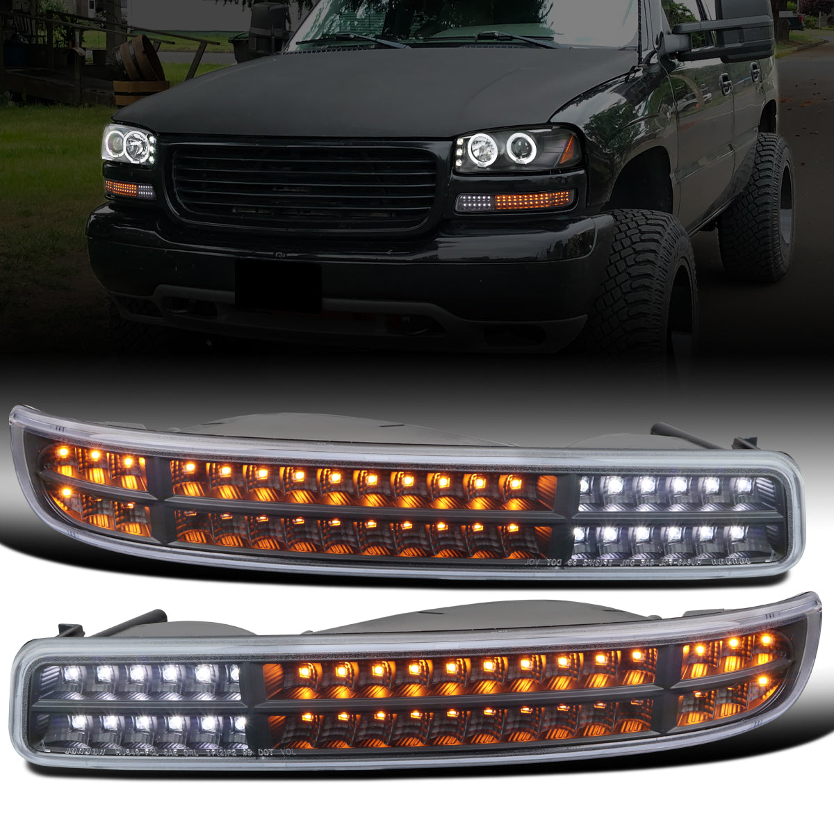 Ronnin - Fits 1999-2007 GMC Sierra Classic Yukon XL Upgraded Replacement Full LED Bumper Lights Sequential Turn Signals Assembly Pair | Black