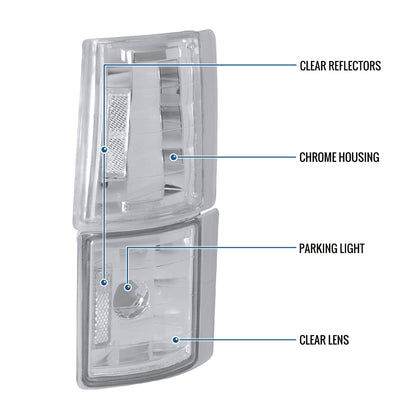 Ronnin - Fits 1994-1999 GMC C/K 1500 2500 3500 Suburban Sierra Yukon Factory Replacement Clear Reflector Corner Lights Assembly Pair | Chrome