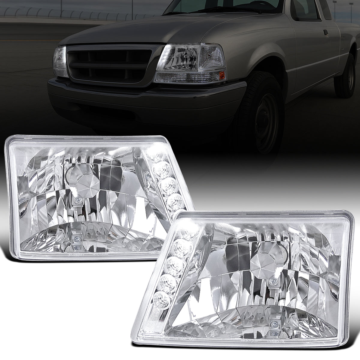 Ronnin - Conjunto de faros delanteros LED de repuesto mejorados para Ford Ranger 1998-2000 | Cromado