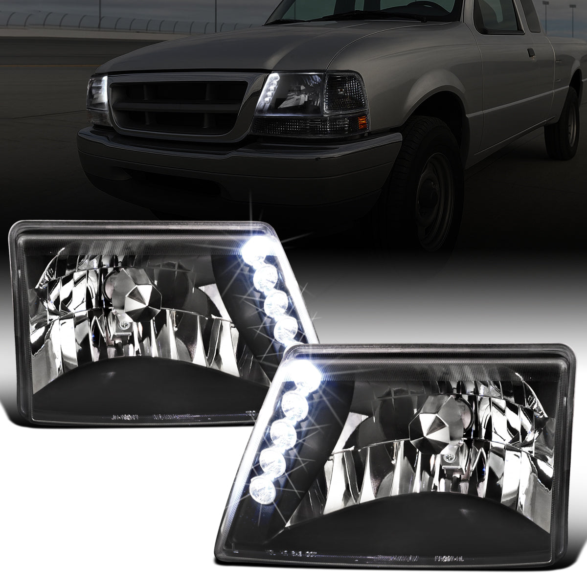 Ronnin - Se adapta a Ford Ranger 1998-2000, luces de circulación diurna LED mejoradas, conjunto de faros delanteros (par) | Negro