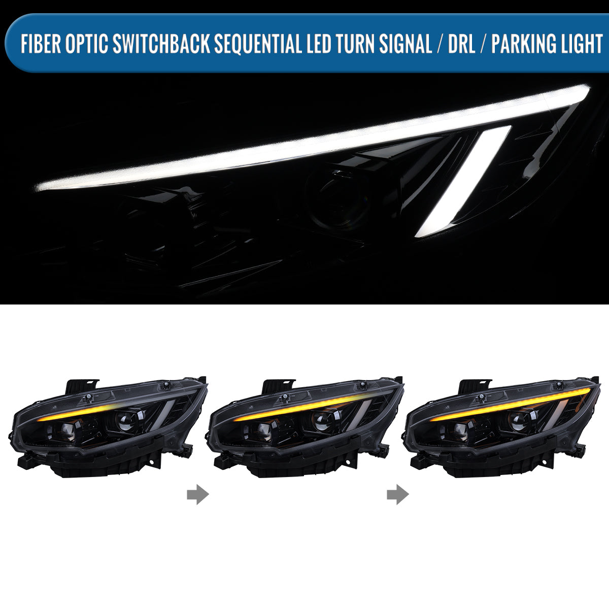 Ronnin - Fits 2016-2021 Honda Civic Full LED Upgrade Replacement For LED Type DRL Switchback Sequential Turn Signals Dual Projector Headlights Assembly Pair | Black Smoke