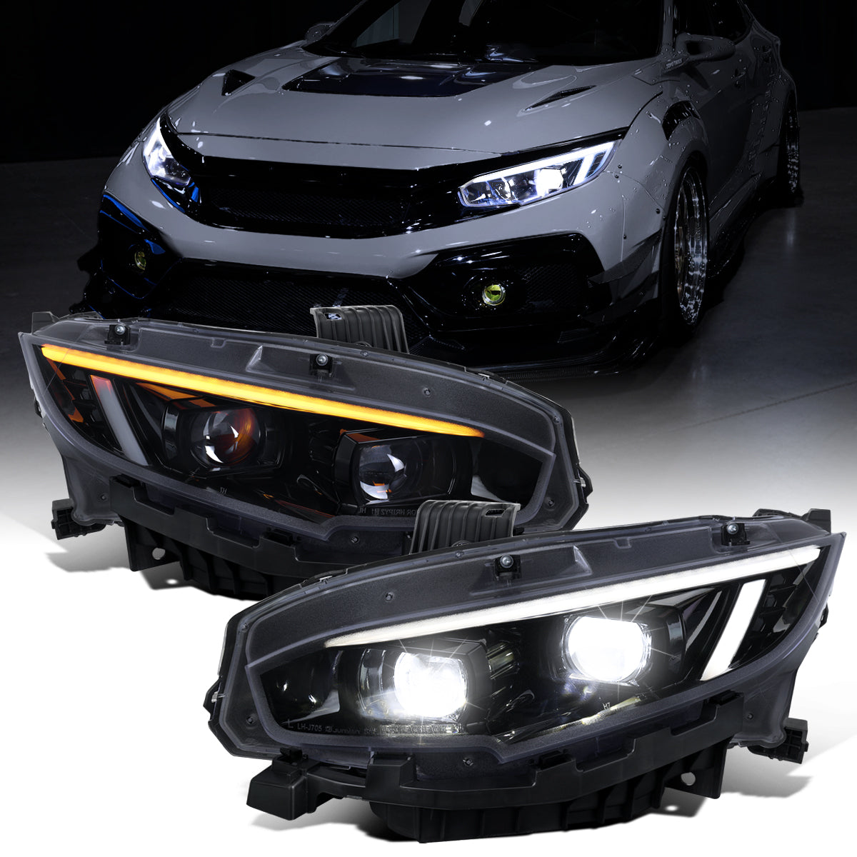 Ronnin - Fits 2016-2021 Honda Civic Full LED Upgrade Replacement For LED Type DRL Switchback Sequential Turn Signals Dual Projector Headlights Assembly Pair | Black Smoke