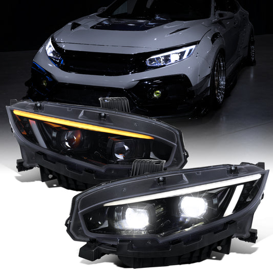 Ronnin - Fits 2016-2021 Honda Civic Full LED Upgrade Replacement For LED Type DRL Switchback Sequential Turn Signals Dual Projector Headlights Assembly Pair | Black Smoke
