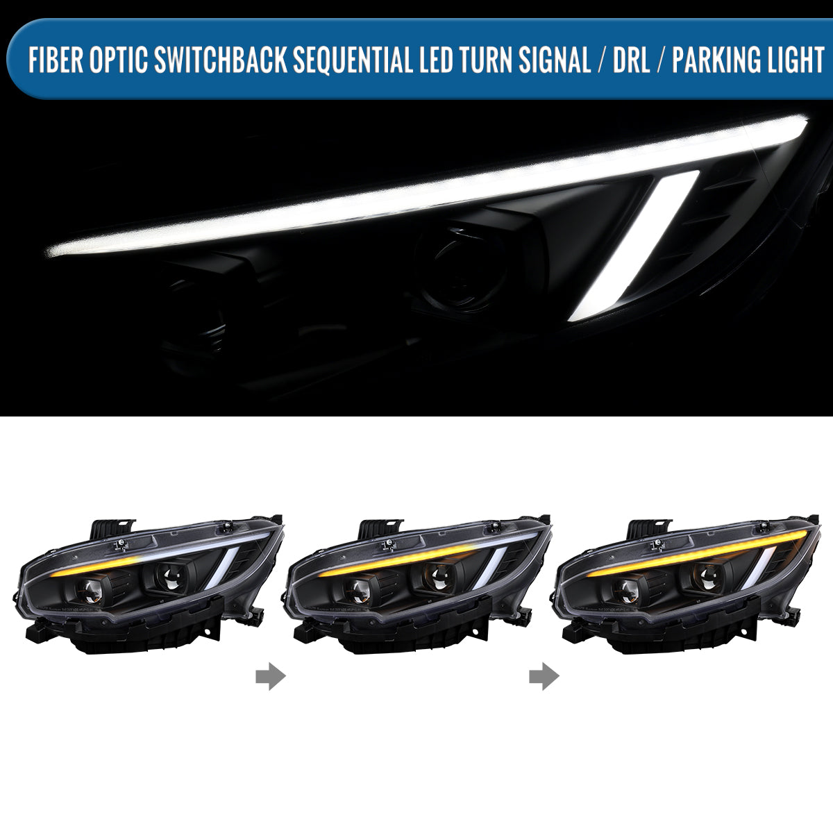 Ronnin - Fits 2016-2021 Honda Civic Full LED Upgrade Replacement For LED Type DRL Switchback Sequential Turn Signals Dual Projector Headlights Assembly Pair | Black