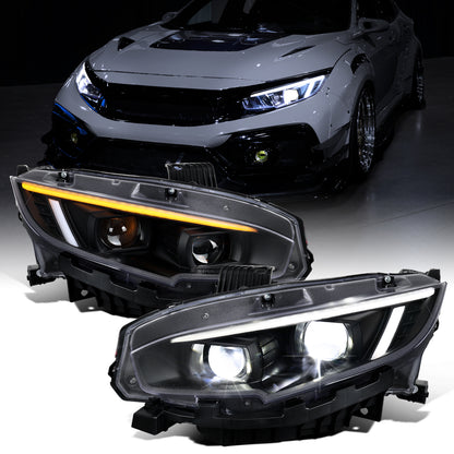 Ronnin - Fits 2016-2021 Honda Civic Full LED Upgrade Replacement For LED Type DRL Switchback Sequential Turn Signals Dual Projector Headlights Assembly Pair | Black