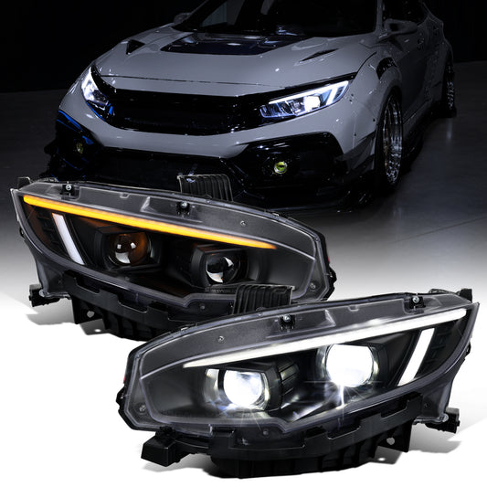 Ronnin - Fits 2016-2021 Honda Civic Full LED Upgrade Replacement For LED Type DRL Switchback Sequential Turn Signals Dual Projector Headlights Assembly Pair | Black
