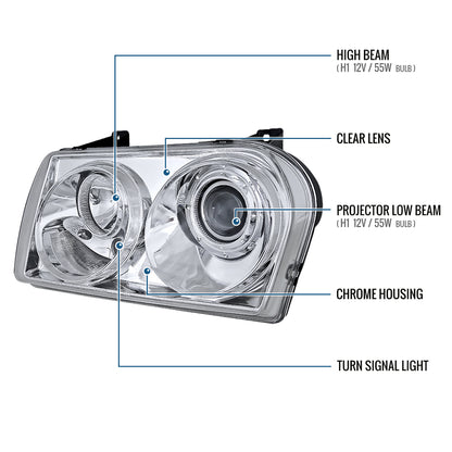 Ronnin - Fits 2005-2010 Chrysler 300 Factory Replacement Halogen Projector Headlights Assembly Pair | Chrome