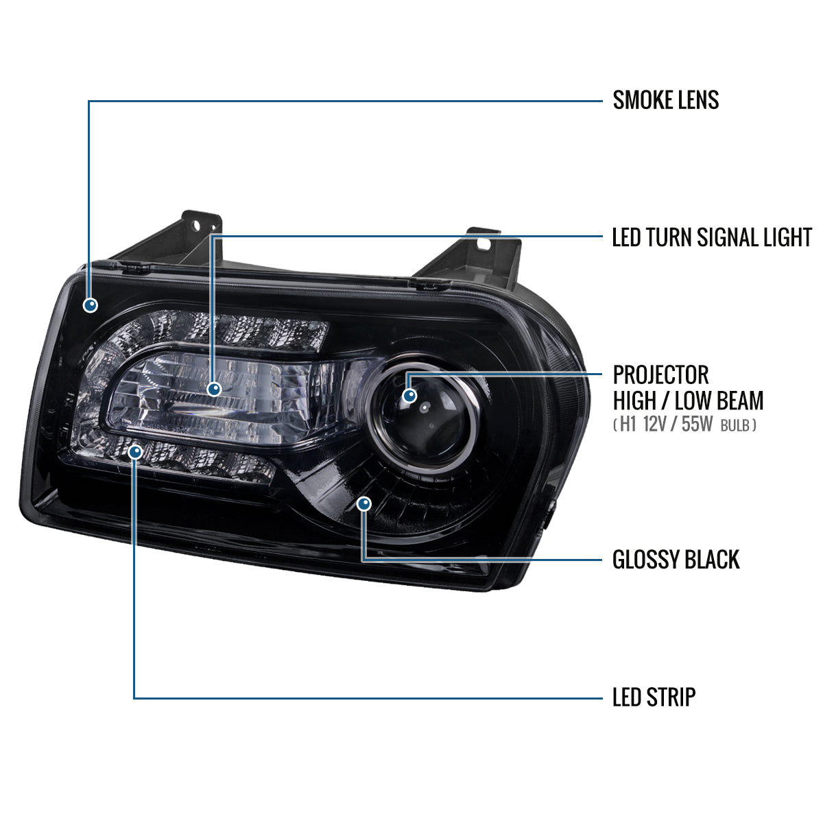Ronnin - Fits 2005-2010 Chrysler 300 Upgraded LED Running Lights + LED Turn Signal Lights Halogen Projector Headlights Replacement Assembly Pair | Smoke