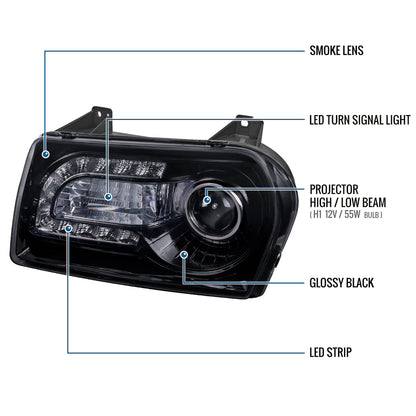 Ronnin - Fits 2005-2010 Chrysler 300 Upgraded LED Running Lights + LED Turn Signal Lights Halogen Projector Headlights Replacement Assembly Pair | Smoke