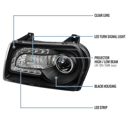 Ronnin - Fits 2005-2010 Chrysler 300 Upgraded LED Running Lights + LED Turn Signal Lights Halogen Projector Headlights Replacement Assembly Pair | Black