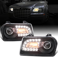 Ronnin - Fits 2005-2010 Chrysler 300 Upgraded LED Running Lights + LED Turn Signal Lights Halogen Projector Headlights Replacement Assembly Pair | Black
