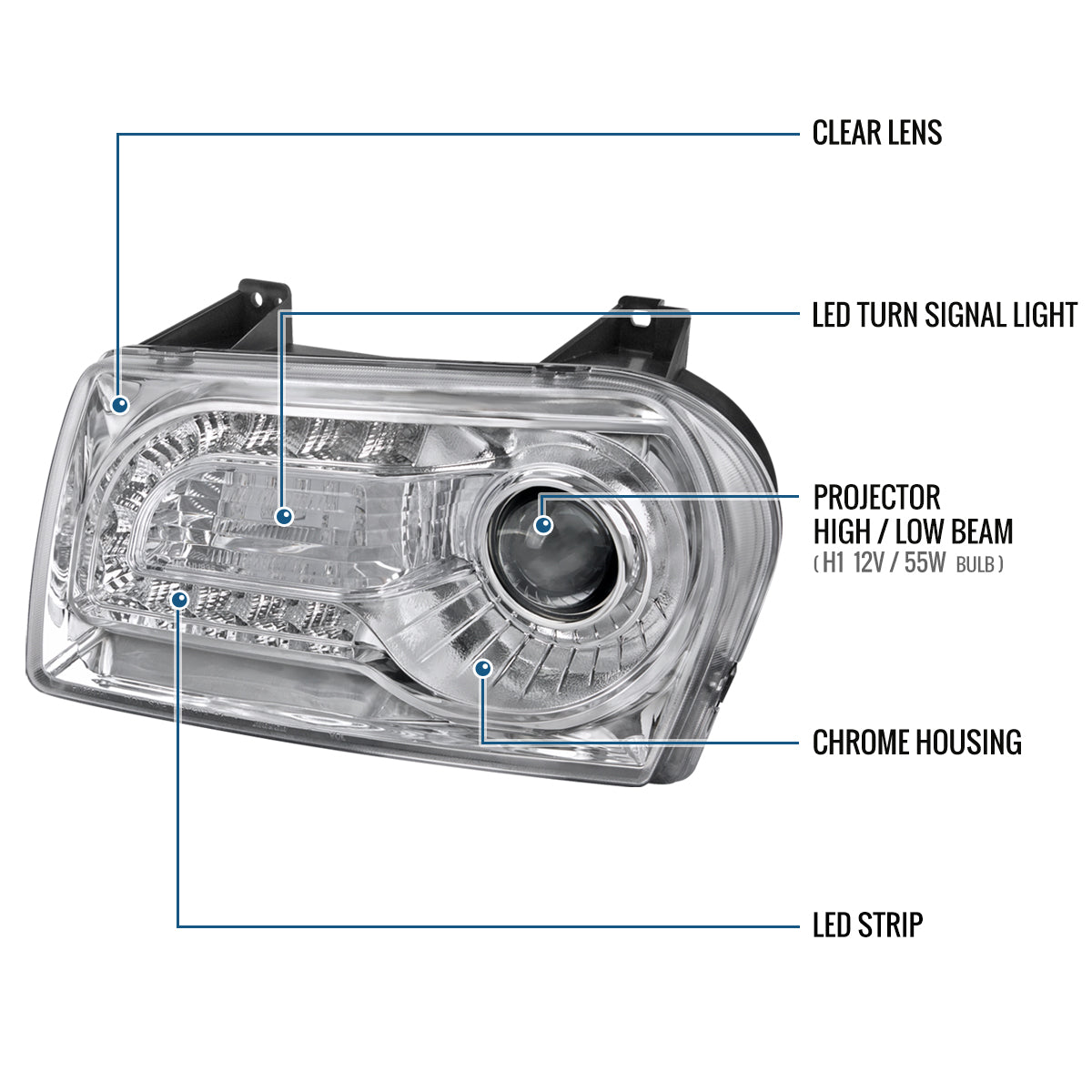 Ronnin - Fits 2005-2010 Chrysler 300 Upgraded LED Running Lights + LED Turn Signal Lights Halogen Projector Headlights Replacement Assembly Pair | Chrome