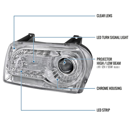 Ronnin - Fits 2005-2010 Chrysler 300 Upgraded LED Running Lights + LED Turn Signal Lights Halogen Projector Headlights Replacement Assembly Pair | Chrome
