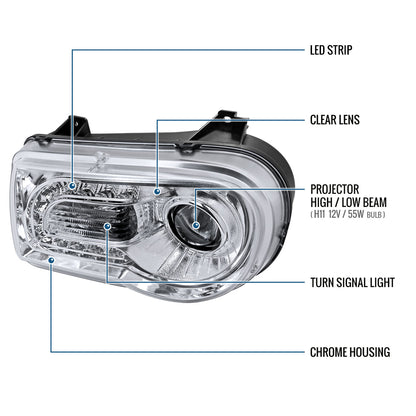 Ronnin - Fits 2005-2010 Chrysler 300 300C Upgraded LED Running Lights Halogen Projector Headlights Replacement Assembly Pair | Chrome