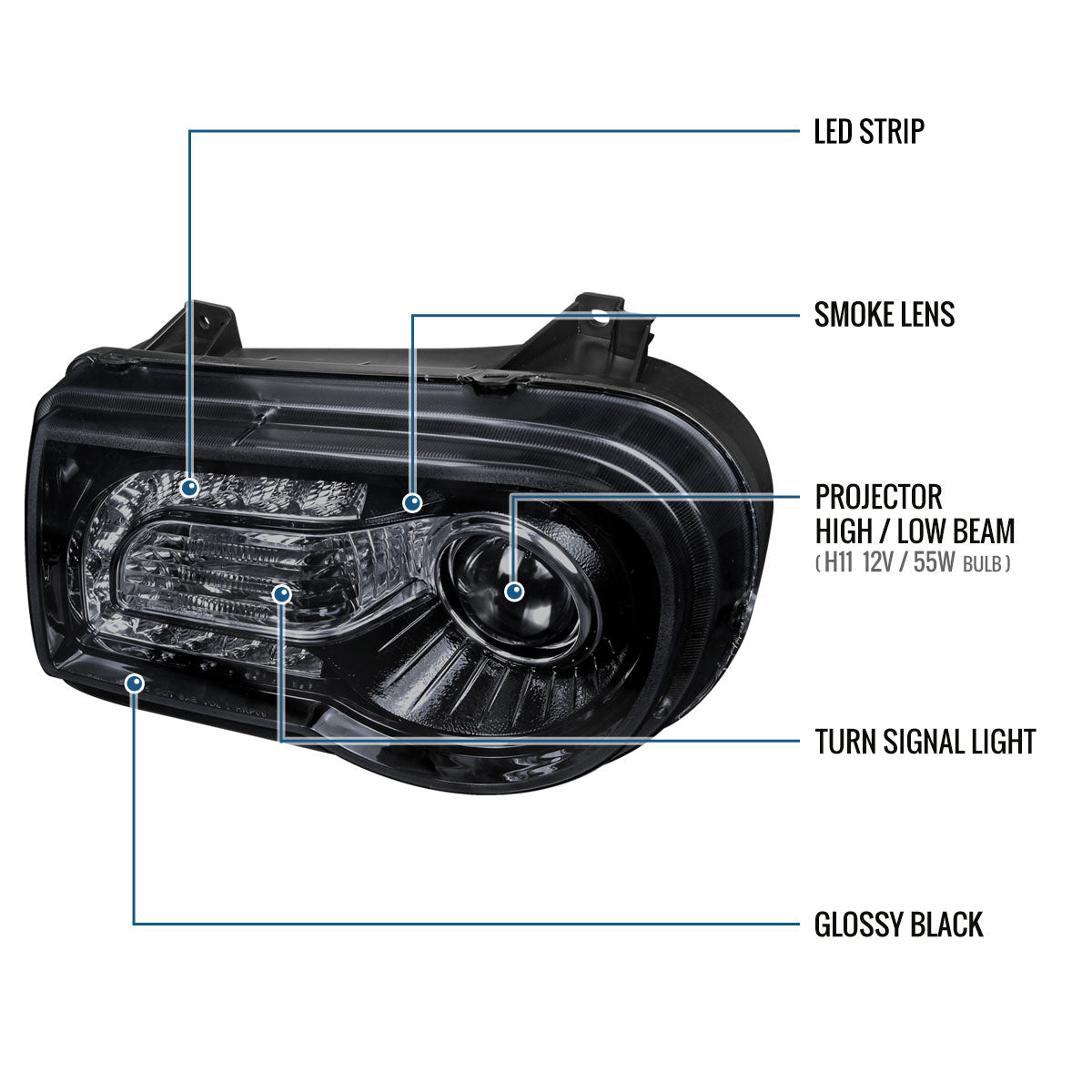 Ronnin - Fits 2005-2010 Chrysler 300 300C Upgraded LED Running Lights Halogen Projector Headlights Replacement Assembly Pair | Smoke