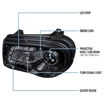 Ronnin - Fits 2005-2010 Chrysler 300 300C Upgraded LED Running Lights Halogen Projector Headlights Replacement Assembly Pair | Smoke