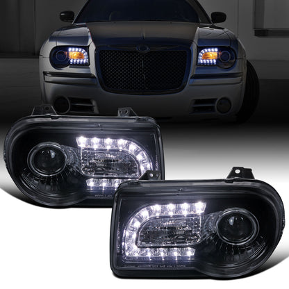 Ronnin - Fits 2005-2010 Chrysler 300 300C Upgraded LED Running Lights Halogen Projector Headlights Replacement Assembly Pair | Smoke