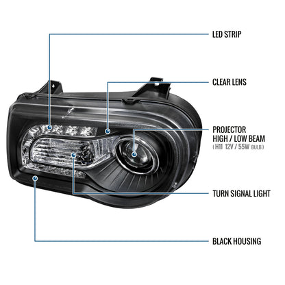 Ronnin - Fits 2005-2010 Chrysler 300 300C Upgraded LED Running Lights Halogen Projector Headlights Replacement Assembly Pair | Black