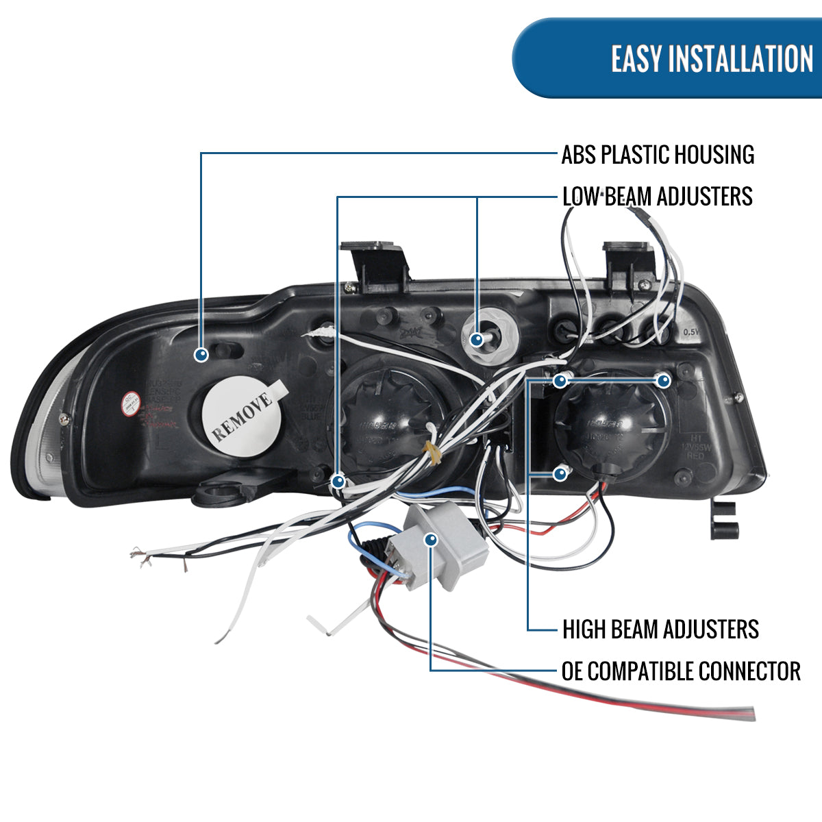 Ronnin - Fits 1999-2001 Audi A4 Upgraded LED Dual Halo Rims Projector Headlights Assembly Pair | Black