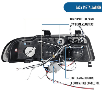 Ronnin - Fits 1999-2001 Audi A4 Upgraded LED Dual Halo Rims Projector Headlights Assembly Pair | Black