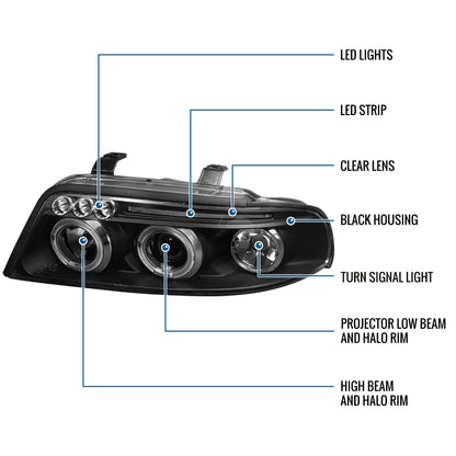 Ronnin - Fits 1999-2001 Audi A4 Upgraded LED Dual Halo Rims Projector Headlights Assembly Pair | Black