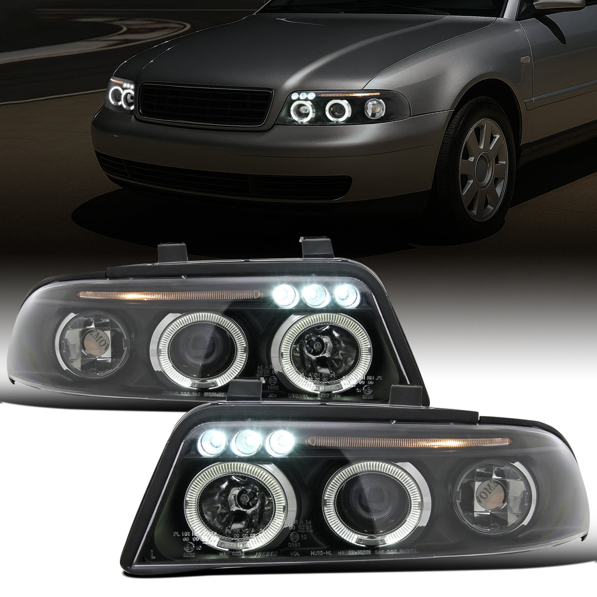 Ronnin - Fits 1999-2001 Audi A4 Upgraded LED Dual Halo Rims Projector Headlights Assembly Pair | Black