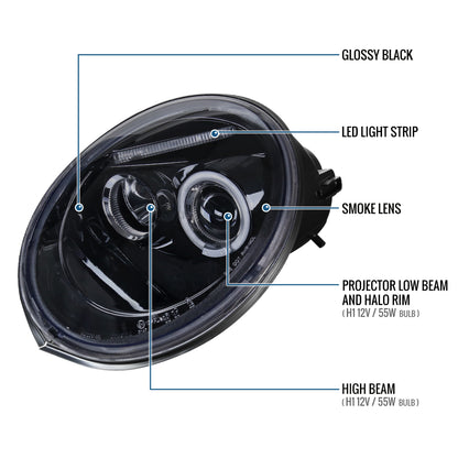 Ronnin - Fits 1998-2005 Volkswagen Beetle Upgrade Replacement Halogen Projector Headlights Assembly Pair | Black Smoke