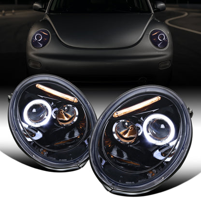 Ronnin - Fits 1998-2005 Volkswagen Beetle Upgrade Replacement Halogen Projector Headlights Assembly Pair | Black Smoke