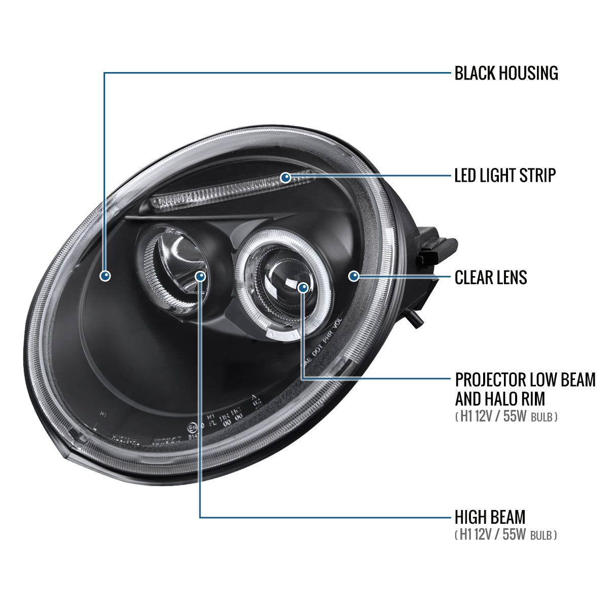 Ronnin - Fits 1998-2005 Volkswagen Beetle Upgrade Replacement Halogen Projector Headlights Assembly Pair | Black