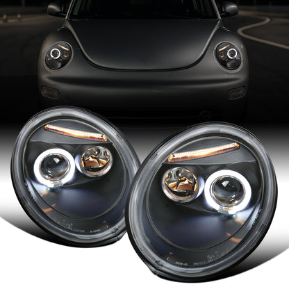 Ronnin - Fits 1998-2005 Volkswagen Beetle Upgrade Replacement Halogen Projector Headlights Assembly Pair | Black