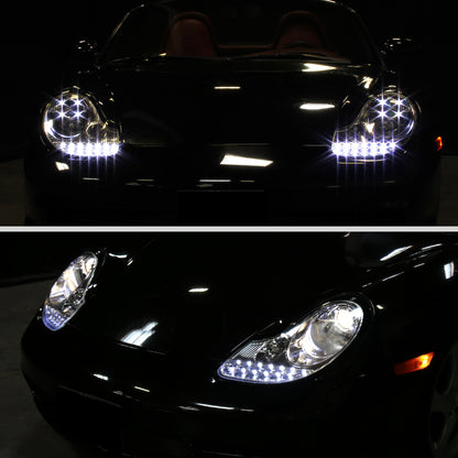 Ronnin - Fits 1997-2004 Porsche Boxster 1997-2001 Porsche 911 Upgrade Assembly LED Running Lights Projector Headlights Pair | Chrome