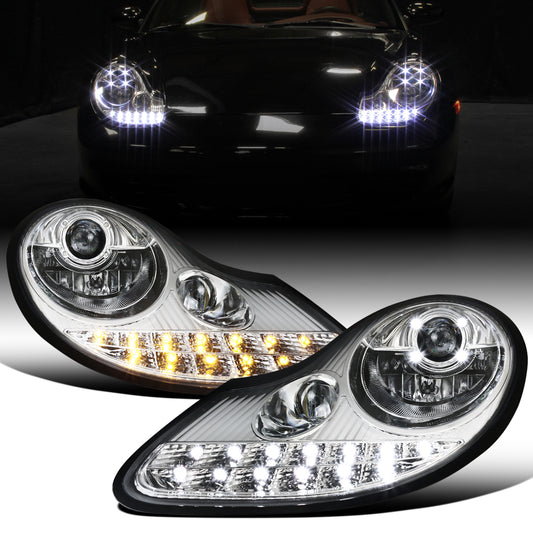 Ronnin - Fits 1997-2004 Porsche Boxster 1997-2001 Porsche 911 Upgrade Assembly LED Running Lights Projector Headlights Pair | Chrome