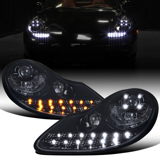 Ronnin - Fits 1997-2004 Porsche Boxster 1997-2001 Porsche 911 Upgrade Assembly LED Running Lights Projector Headlights Pair | Black Smoke