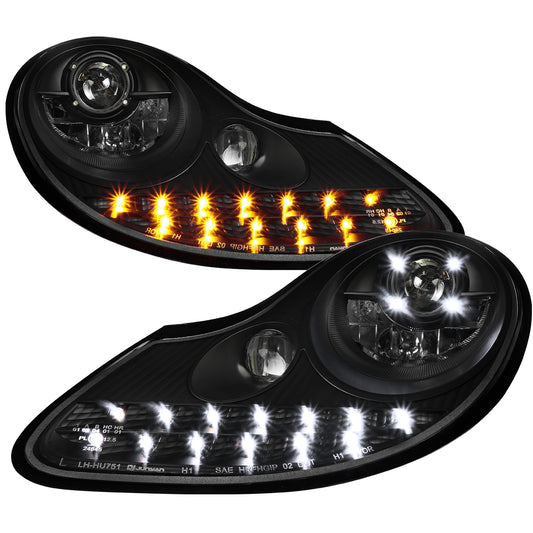 Ronnin - Fits 1997-2004 Porsche Boxster 1997-2001 Porsche 911 Upgrade Assembly LED Running Lights Projector Headlights Pair | Black