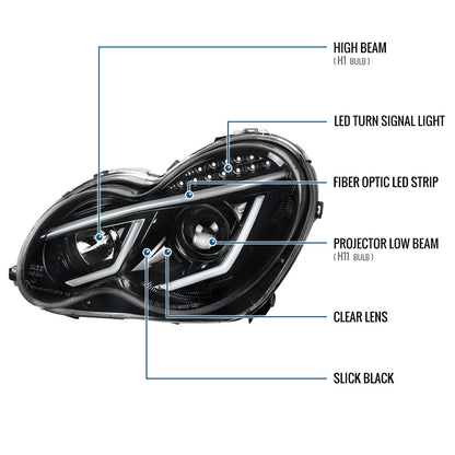 Ronnin - Compatible con Mercedes Benz C230 C240 C280 C320 Sedán 2001-2007 Faros delanteros con proyector de tubo LED y luces de circulación diurna, par | Negro brillante