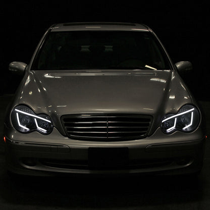Ronnin - Compatible con Mercedes Benz C230 C240 C280 C320 Sedán 2001-2007 Faros delanteros con proyector de tubo LED y luces de circulación diurna, par | Negro brillante
