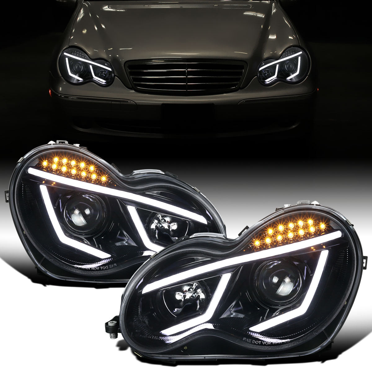 Ronnin - Compatible con Mercedes Benz C230 C240 C280 C320 Sedán 2001-2007 Faros delanteros con proyector de tubo LED y luces de circulación diurna, par | Negro brillante
