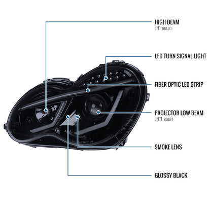 Ronnin - Compatible con Mercedes Benz C230 C240 C280 C320 Sedán 2001-2007, Luces Diurnas de Tubo LED, Conjunto de Faros Proyectores Par | Negro Ahumado