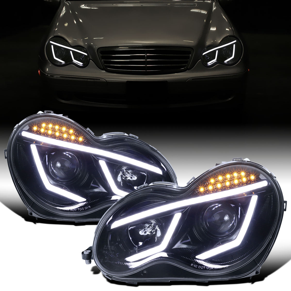 Ronnin - Compatible con Mercedes Benz C230 C240 C280 C320 Sedán 2001-2007, Luces Diurnas de Tubo LED, Conjunto de Faros Proyectores Par | Negro Ahumado