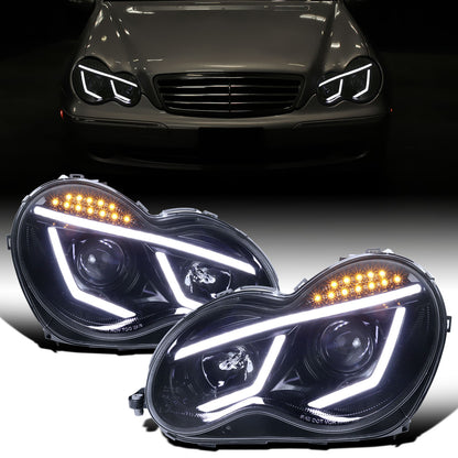 Ronnin - Compatible con Mercedes Benz C230 C240 C280 C320 Sedán 2001-2007, Luces Diurnas de Tubo LED, Conjunto de Faros Proyectores Par | Negro Ahumado